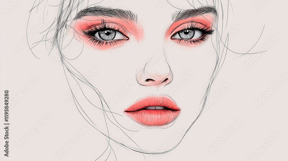 Modern sketch of a young woman with vibrant pink eye makeup and subtle pencil details blending bold femininity and contemporary artistic expression Modern sketch of a young woman with vibrant pink eye makeup and subtle pencil details blending bold femininity and contemporary artistic expression