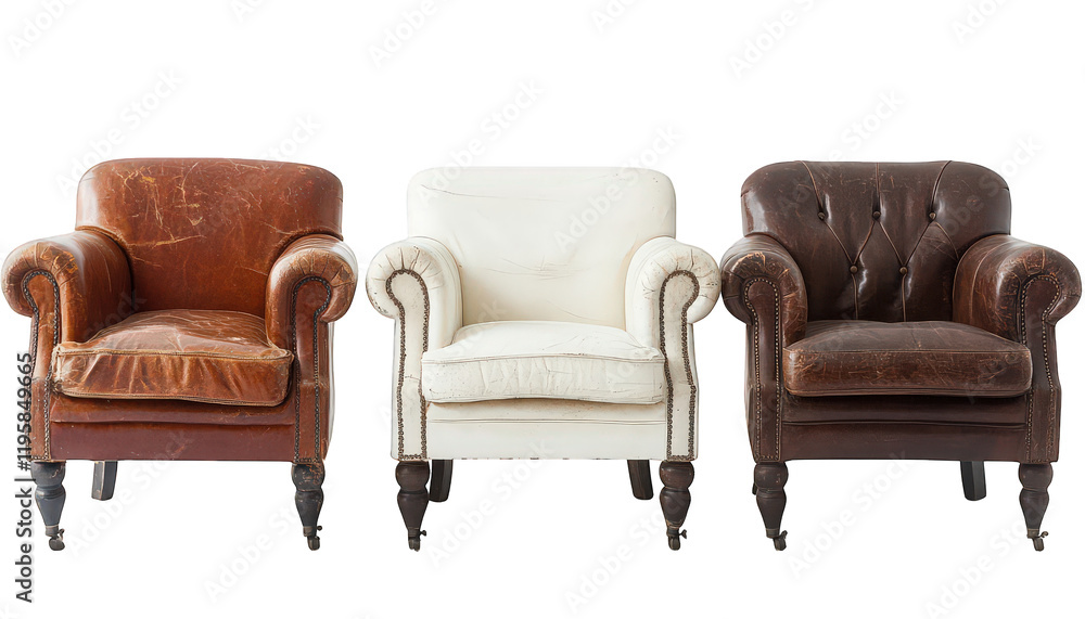 Fototapeta premium Three Vintage Leather Armchairs Brown White Dark Brown Furniture Home Decor Interior Design