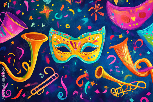 The image is a vibrant and colorful illustration featuring a masquerade mask surrounded by various musical instruments, including trumpets and a trombone, as well as confetti-like shapes scattered thr photo