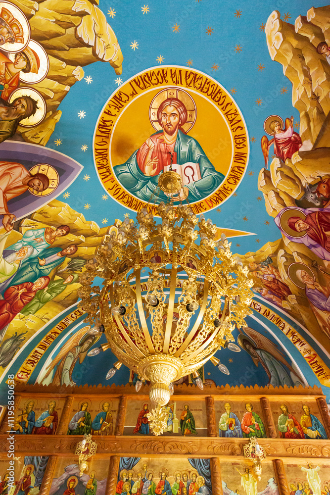 Fototapeta premium Romania, Transylvania, Maramures, Aspra, commune of Vima Mica. Blue church interior and exterior de Lemn.