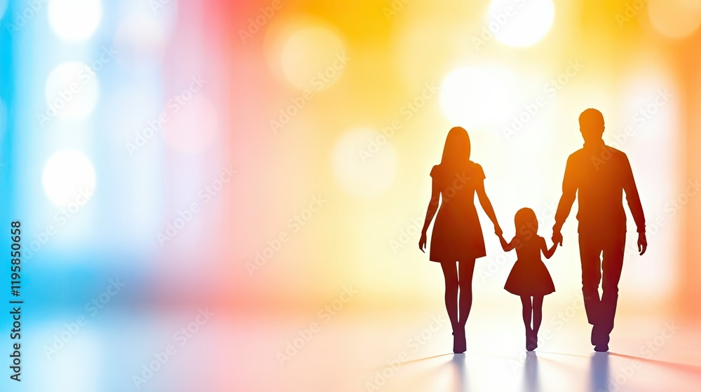 Silhouetted Family Holding Hands on a Vibrant Pastel Background Expressing Love and Togetherness