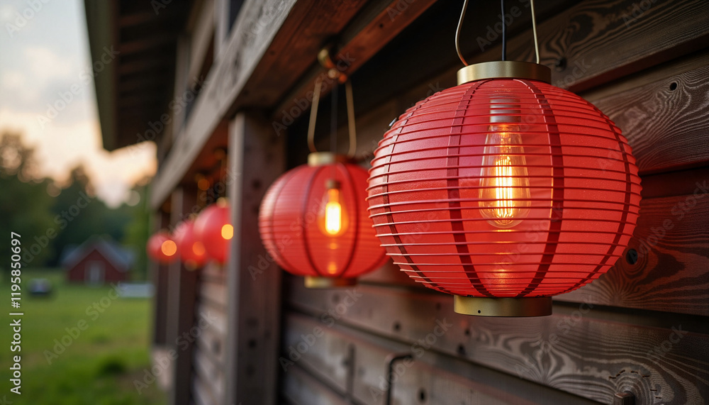 Rustic red lanterns glowing at barn during twilight, warm atmosphere Rustic red lanterns glowing at barn during twilight, warm atmosphere