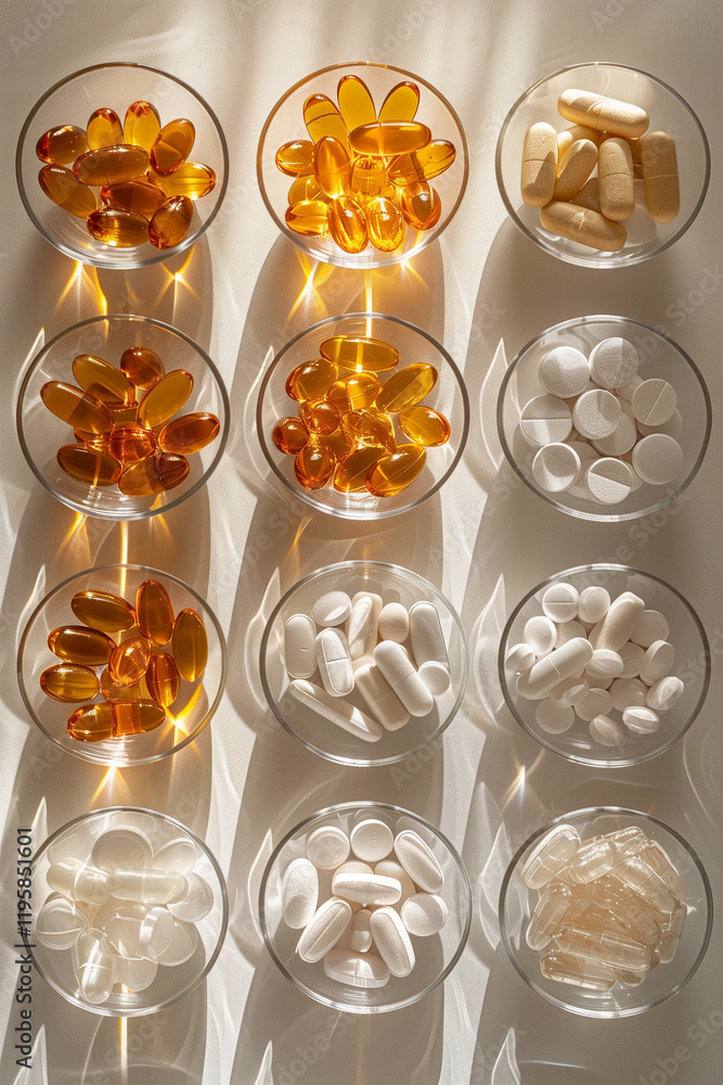 Assorted capsules and tablets in glass cups under sunlight Assorted capsules and tablets in glass cups under sunlight