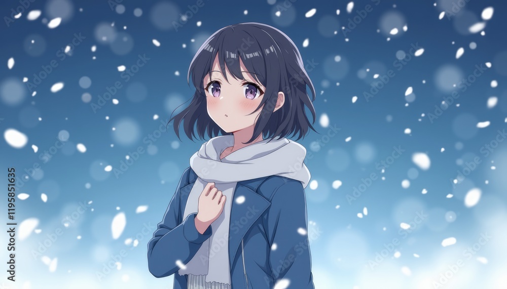 4K HD Wallpaper of A tranquil anime scene of a character surrounded by falling white snowflakes. Anime Background. HD Backgrounds 4K HD Wallpaper of A tranquil anime scene of a character surrounded by falling white snowflakes. Anime Background. HD Backgrounds