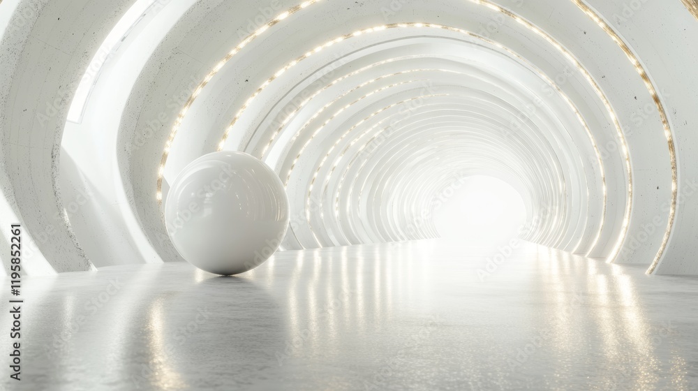 Fototapeta premium Abstract white installation with a sphere rolling on curved lane with soft shadows, 3d rendering illustration