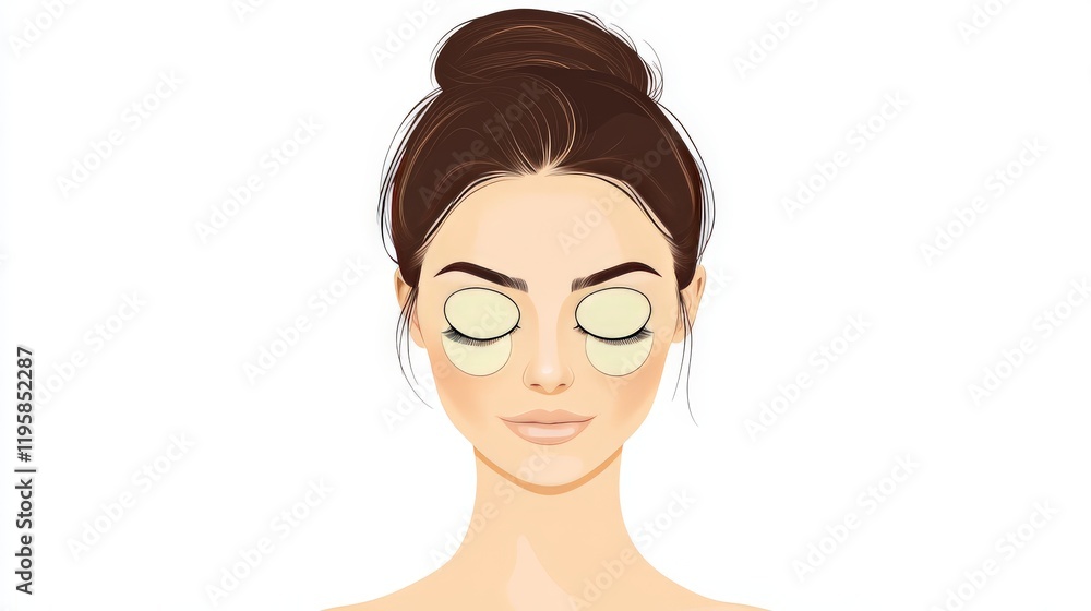 Contemporary vector art of a young woman with glowing under eye patches tied hair and a serene expression embodying wellness skincare and self care themes in a clean minimalist design Contemporary vector art of a young woman with glowing under eye patches tied hair and a serene expression embodying wellness skincare and self care themes in a clean minimalist design