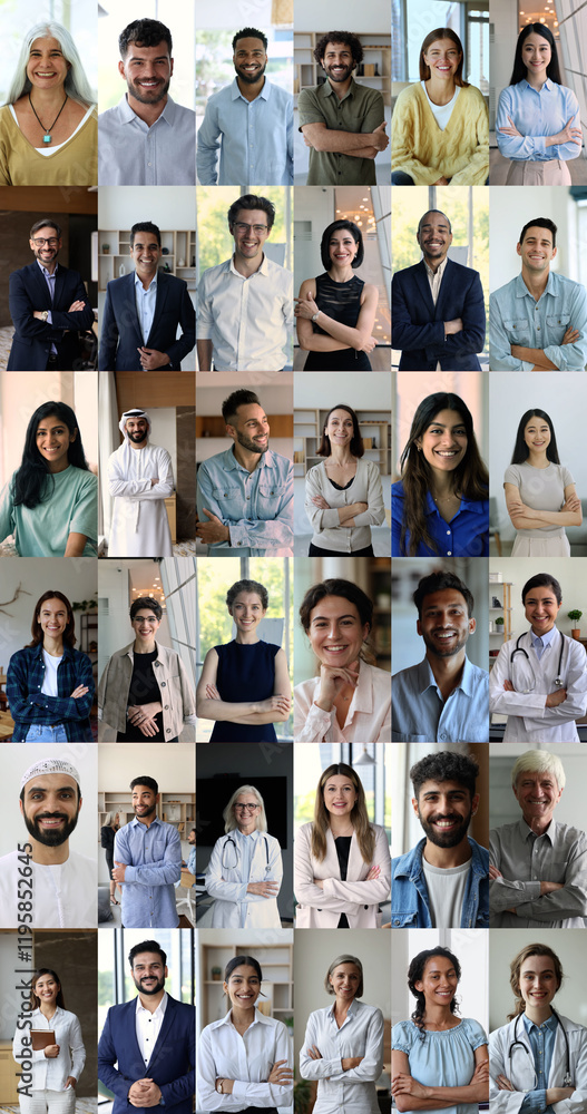 Obraz premium Vertical footages collage view diverse generation, ethnicity and occupation people pose at home or office smile staring at camera look confident and happy. E-dating services app for singles, lifestyle