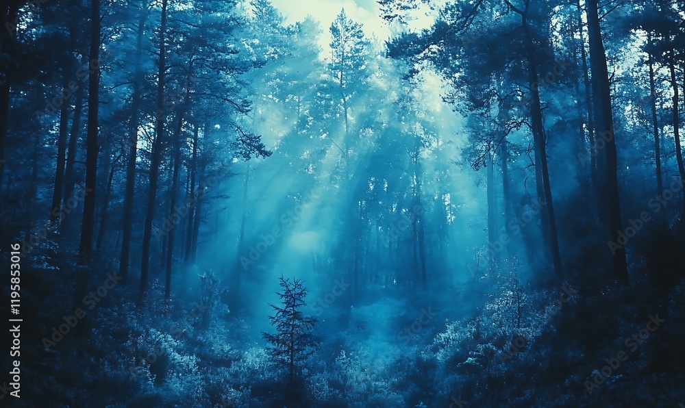 Obraz premium Blue-Tinted Forest Scene with Pine Trees in a Classic Film Analog Style