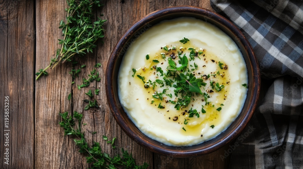 On a rustic wooden table, a steaming bowl of creamy mashed potatoes with a sprinkle of fresh herbs promises a comforting and hearty treat. On a rustic wooden table, a steaming bowl of creamy mashed potatoes with a sprinkle of fresh herbs promises a comforting and hearty treat.