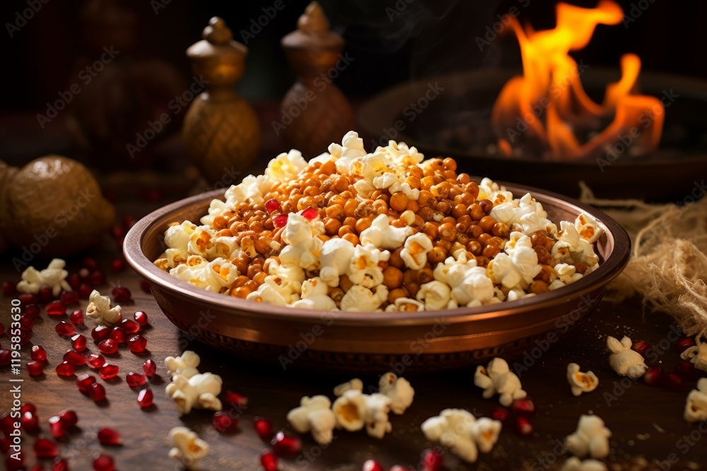 Delicious roasted chickpeas and popcorn seasoned and served in a copper bowl, garnished with pomegranate seeds, perfect for a cozy snack Delicious roasted chickpeas and popcorn seasoned and served in a copper bowl, garnished with pomegranate seeds, perfect for a cozy snack