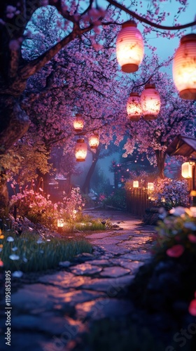 Wallpaper Mural Enchanting night garden scene with a winding path surrounded by lush cherry blossom trees their delicate pink petals illuminated by the soft glow of decorative lanterns dotting the landscape Torontodigital.ca