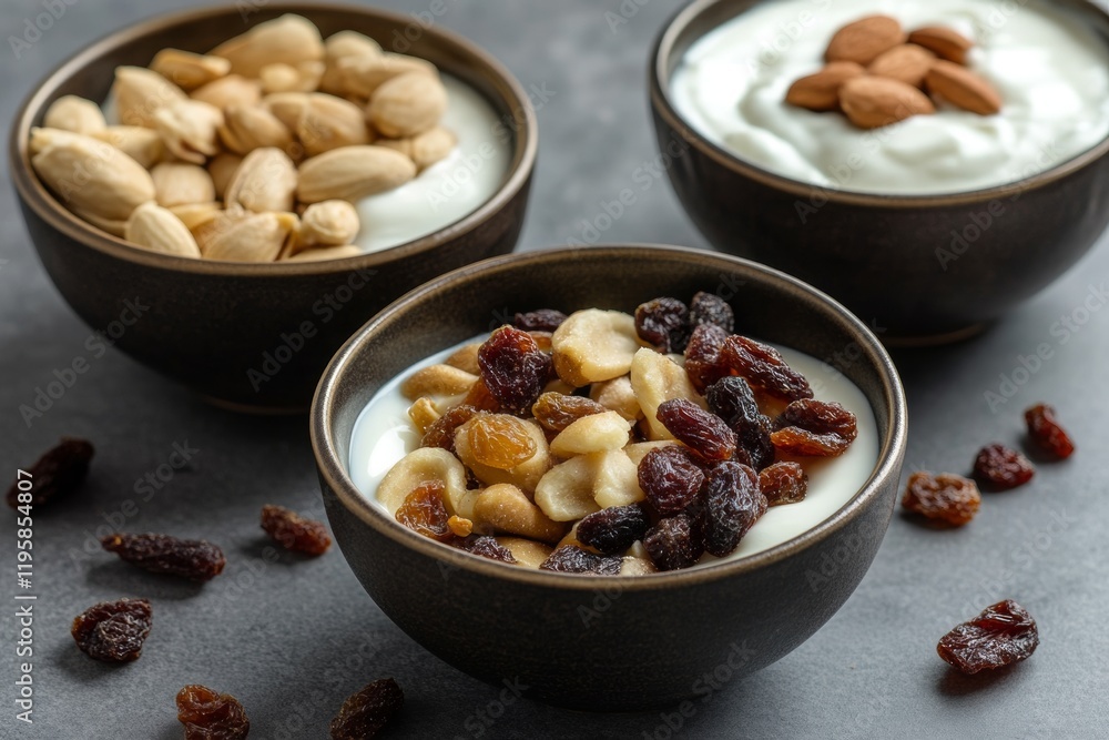 Three bowls filled with an assortment of nuts, dried fruits, and creamy yogurt are beautifully arranged on a sleek gray surface, showcasing a healthy snack option Three bowls filled with an assortment of nuts, dried fruits, and creamy yogurt are beautifully arranged on a sleek gray surface, showcasing a healthy snack option