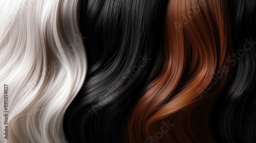 The fine details of three hair strands, one in rich brown, one in deep black, and one in shimmering platinum, are captured in a close-up, emphasizing their silky appearance and vibrant tones.