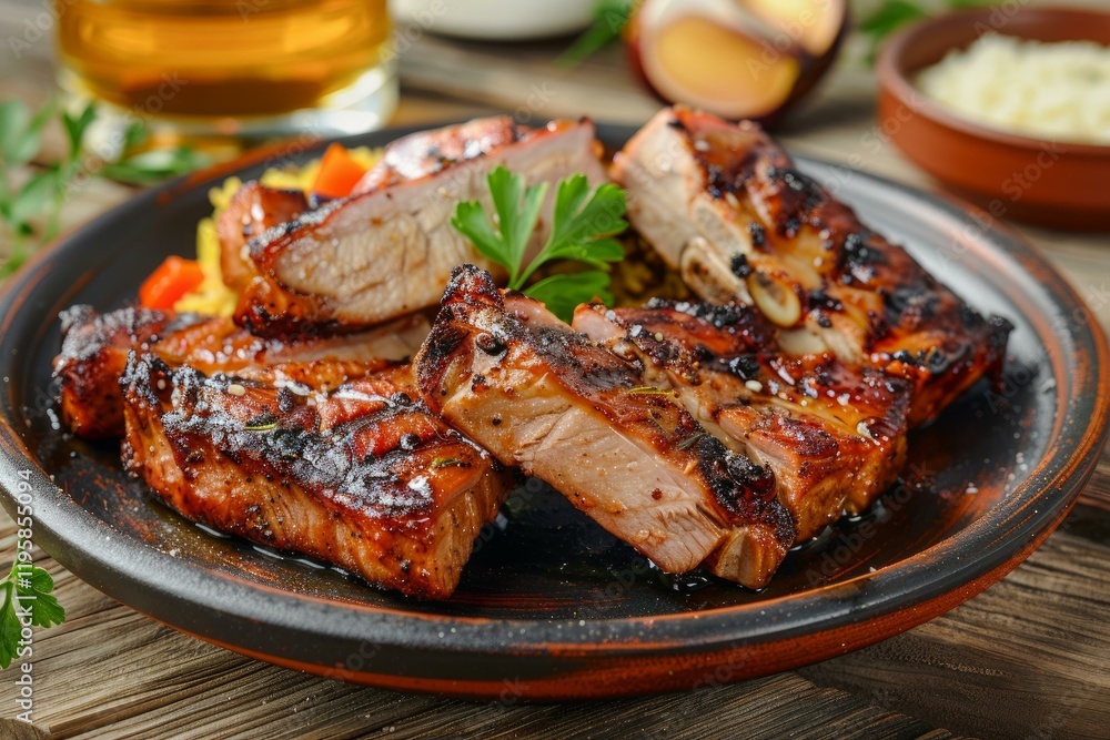 Delicious grilled pork ribs served on a plate with vegetable garnish, accompanied by a glass of beer Delicious grilled pork ribs served on a plate with vegetable garnish, accompanied by a glass of beer