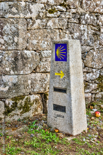 Spain, Galicia. One of the many kilometer markers along the Camino de Santiago