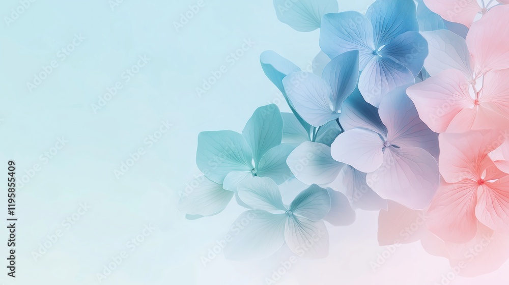 Obraz premium Light blue and pink hydrangea flowers on pastel background. Spring banner with copy space. 