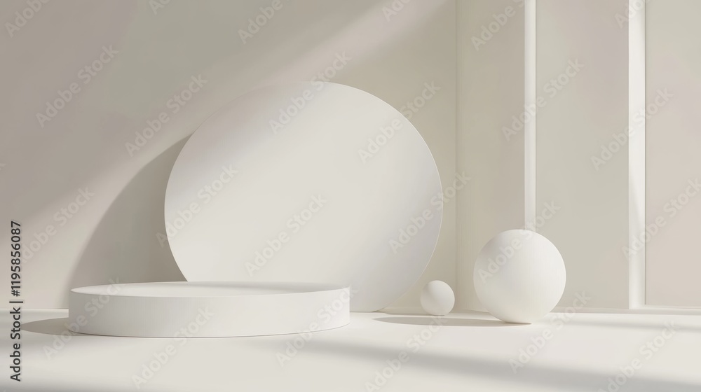 Abstract white installation with a sphere rolling on curved lane with soft shadows, 3d rendering illustration Abstract white installation with a sphere rolling on curved lane with soft shadows, 3d rendering illustration