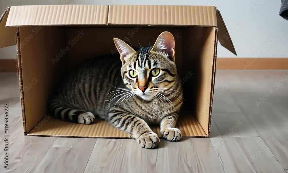Cute grey tabby cat in cardboard box on floor at home Cute grey tabby cat in cardboard box on floor at home