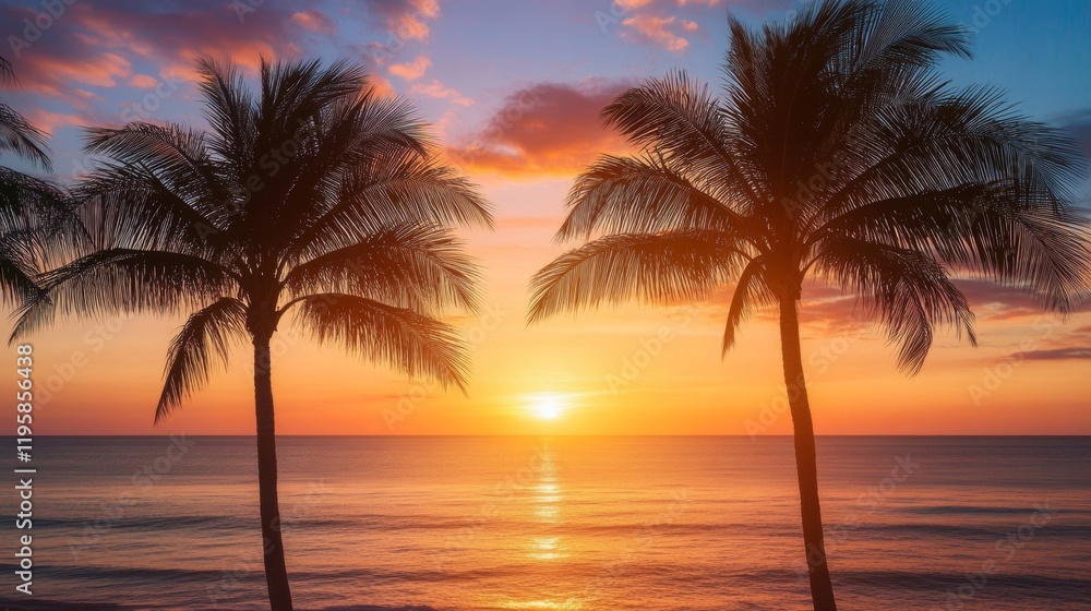 Dark palm trees silhouettes on colorful tropical ocean sunset background, vector illustration Dark palm trees silhouettes on colorful tropical ocean sunset background, vector illustration