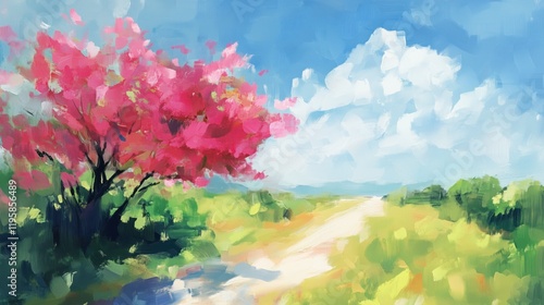 Beautiful pink tree on the side of an empty country road, on sunny day with green grass and blue sky. The artwork features brushstrokes in oil painting or digital art style. Spring time concept.
