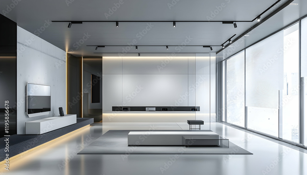 Fototapeta premium Modern electronics store interior design with display screens and minimalist decor.