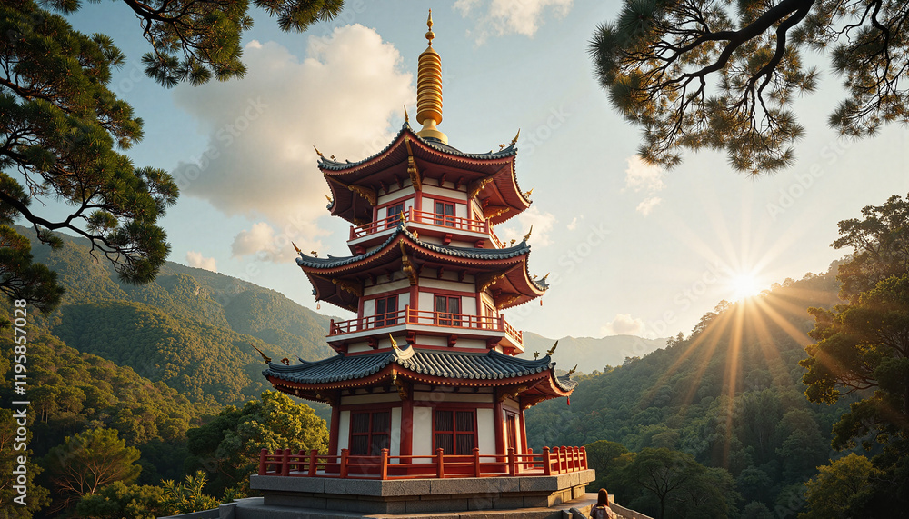 Majestic Chinese pagoda under sunlight in lush jungle, cultural beauty Majestic Chinese pagoda under sunlight in lush jungle, cultural beauty