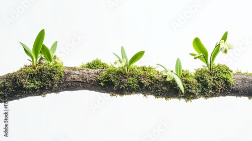 A tropical rainforest scene features green-leaved ferns and mosses growing epiphytically on an aged, weathered tree branch, isolated on a white background with a clipping path photo