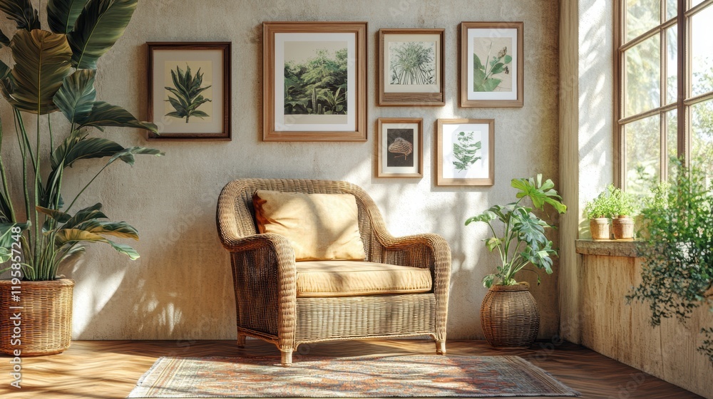 bohemian gallery wall, diverse decor with a mix of frames on the gallery wall, a rattan armchair, and a cozy reading nook filled with natural light bohemian gallery wall, diverse decor with a mix of frames on the gallery wall, a rattan armchair, and a cozy reading nook filled with natural light