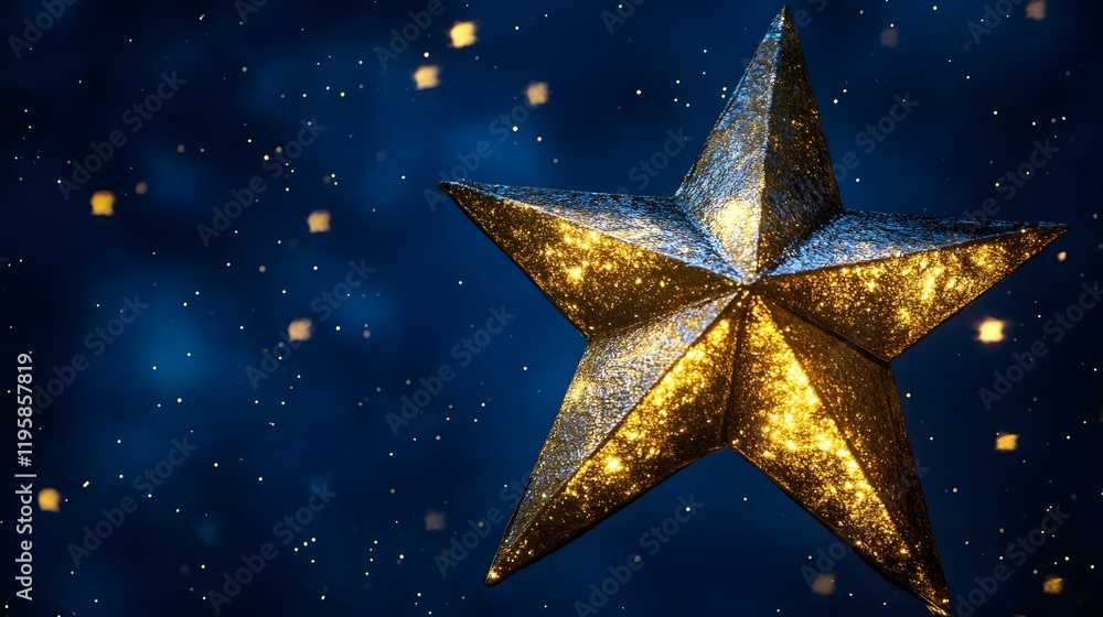 Obraz premium Golden star decoration, night sky, sparkling background, holiday card