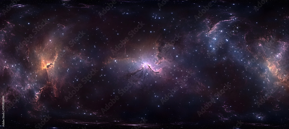 Obraz premium 360 degree fantasy space nebula. Giant interstellar cloud with stars, equirectangular projection, environment map. HDRI spherical panorama