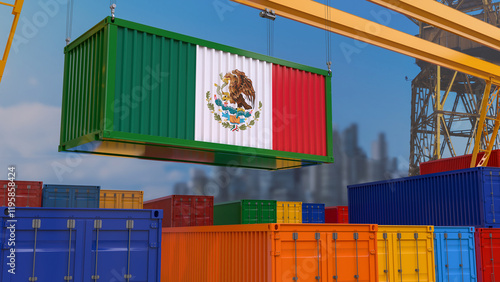 3D rendering of a shipping container with the Mexican flag suspended from a crane in a port dock.