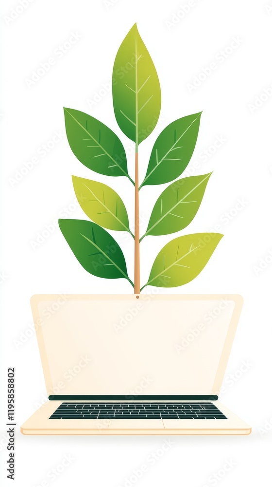 Creative eco tech illustration of a laptop screen with a growing leafy plant emerging from it representing green technology innovation and digital sustainability concepts Creative eco tech illustration of a laptop screen with a growing leafy plant emerging from it representing green technology innovation and digital sustainability concepts