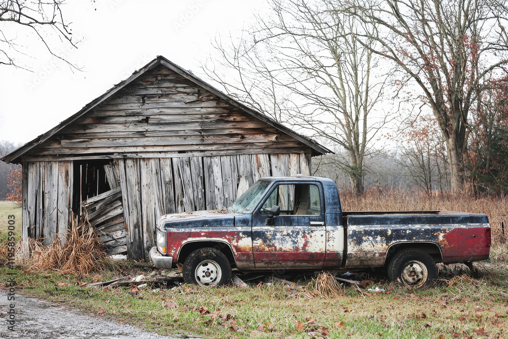 Abandoned truck beside collapsing wooden shed Abandoned truck beside collapsing wooden shed
