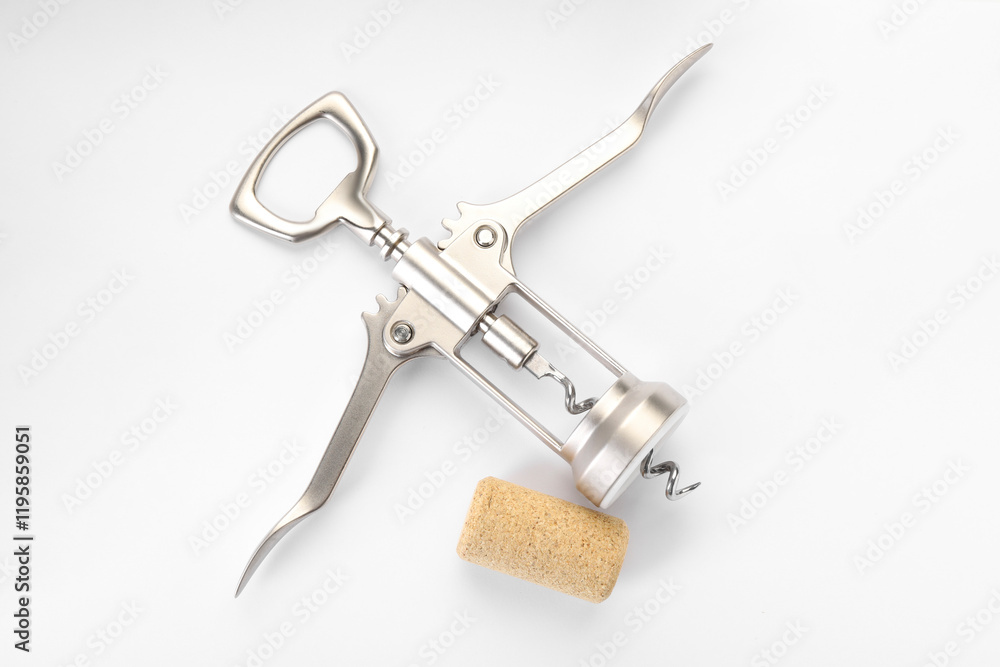 Wing corkscrew and cork on white background, top view Wing corkscrew and cork on white background, top view