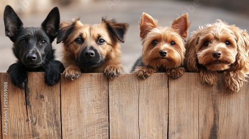 Four adorable dogs leaning on a wooden fence in a sunny outdoor setting