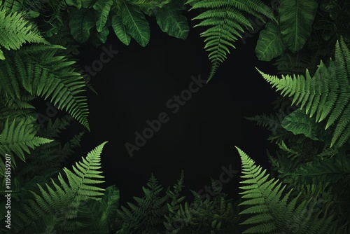 Fern fronds, Philodendron gloriosum leaves, and rainforest plants form a dense bush on a black background photo