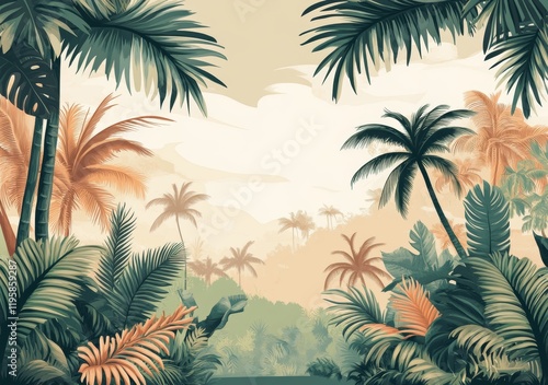 A mural featuring a jungle scene with a river and palm trees for interior decoration photo