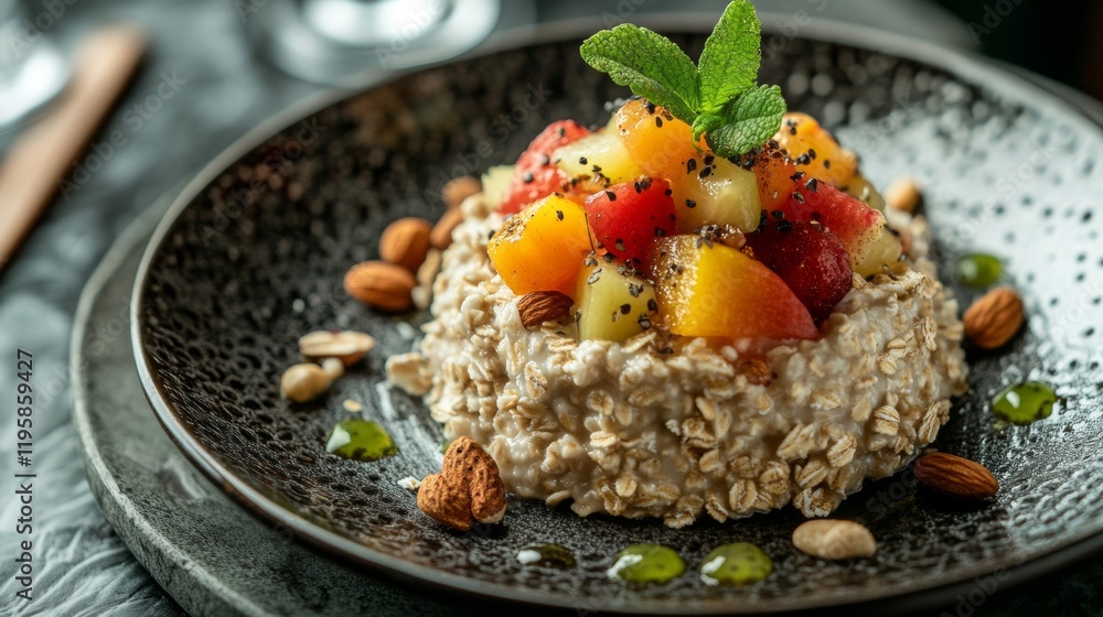 A delightful bowl of oatmeal awaits, topped with vibrant fruits and crunchy nuts, presented beautifully on an elegant plate. Perfect for a wholesome breakfast or snack A delightful bowl of oatmeal awaits, topped with vibrant fruits and crunchy nuts, presented beautifully on an elegant plate. Perfect for a wholesome breakfast or snack