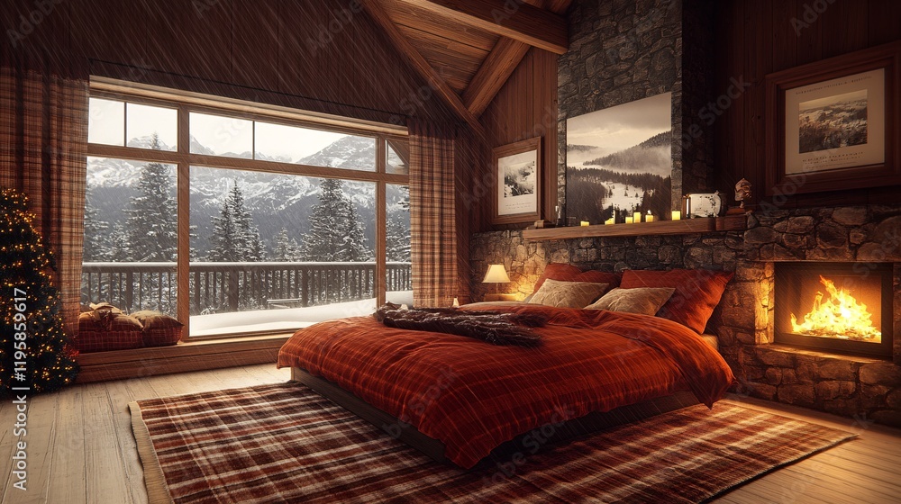 Cozy winter cabin retreat with stunning mountain view and warm fireplace glow Cozy winter cabin retreat with stunning mountain view and warm fireplace glow