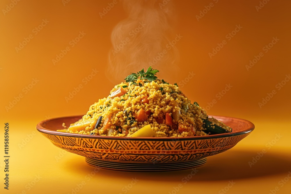 Colorful couscous dish showcasing vibrant vegetables against a warm backdrop of orange hues