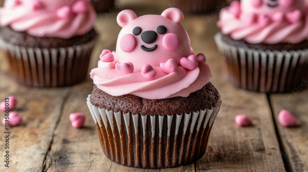 A close-up of a chocolate cupcake topped with pink frosting and a cute bear face decoration, surrounded by heart-shaped sprinkles A close-up of a chocolate cupcake topped with pink frosting and a cute bear face decoration, surrounded by heart-shaped sprinkles