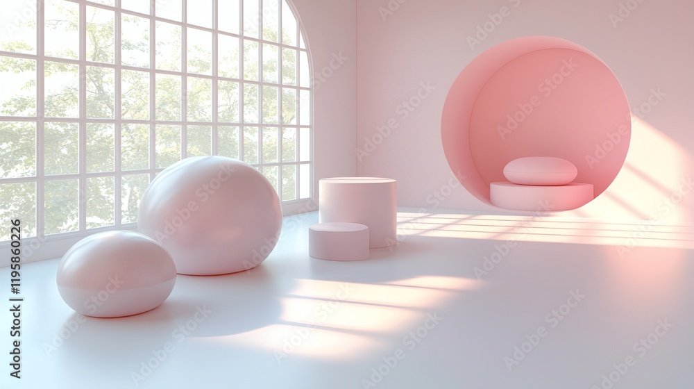 Fototapeta premium Pastel Minimalist Product Display: Soft pink and white spheres and cylinders create a serene and minimalist product display, bathed in natural sunlight streaming through a large arched window.
