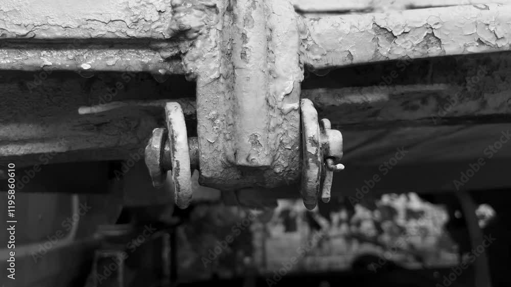 Close up of a drop of rain flows down the body of an old truck Close up of a drop of rain flows down the body of an old truck