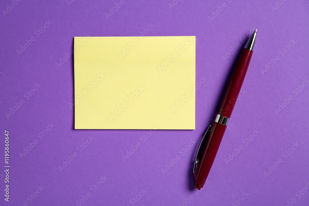 Blank note and pen on purple background, top view. Space for text Blank note and pen on purple background, top view. Space for text
