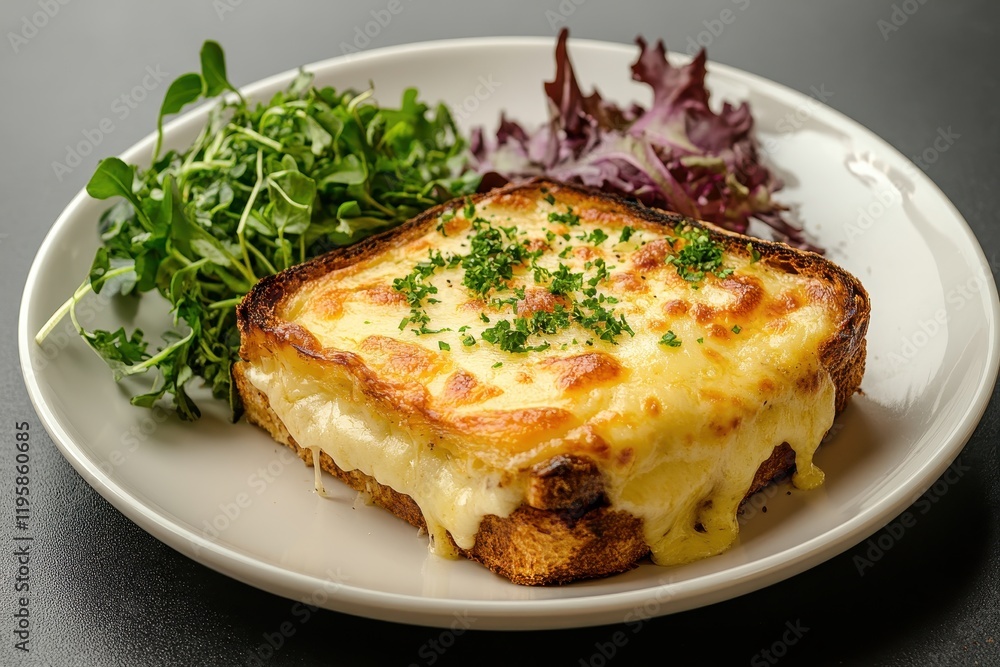 Savory cheese toast delight with fresh greens on a minimalist plate Savory cheese toast delight with fresh greens on a minimalist plate
