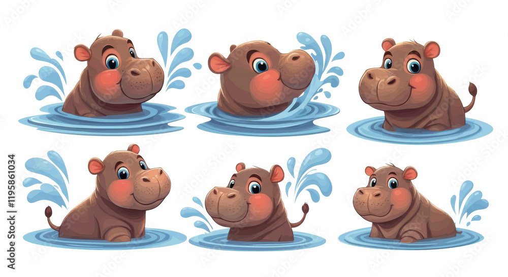 A collection of adorable cartoon hippos splashing playfully in water, each with a joyful expression. A collection of adorable cartoon hippos splashing playfully in water, each with a joyful expression.
