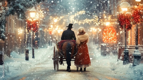 A couple rides a horse-drawn carriage down a snowy, festive street at night