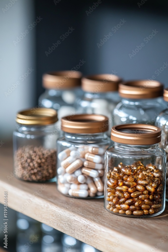 Assorted glass jars containing omega-3 capsules and various vitamins sit organized on a wooden shelf, showcasing a colorful array of supplements in a cozy interior setting Assorted glass jars containing omega-3 capsules and various vitamins sit organized on a wooden shelf, showcasing a colorful array of supplements in a cozy interior setting