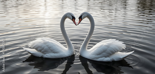 Fototapeta Naklejka Na Ścianę i Meble -  Black and white swans in heart shape on serene lake reflecting tranquility and harmony, Close-up