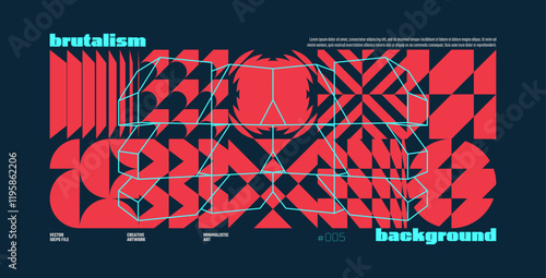 Brutalism abstract vector black background with Postmodern geometric graphic shapes in Y2K aesthetics, trendy colorful modernism artwork, various brutal form and line elements, poster and banner